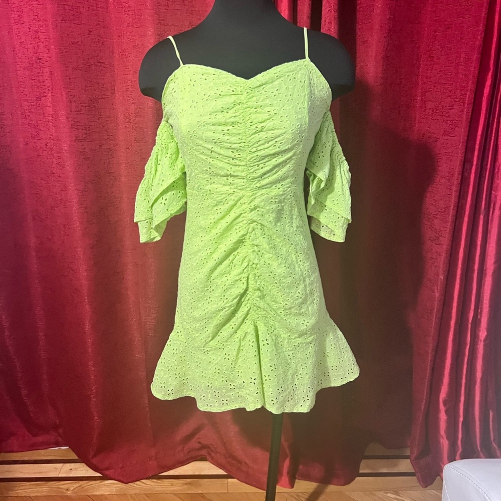 Lime green off the shoulders mini dress, size small
